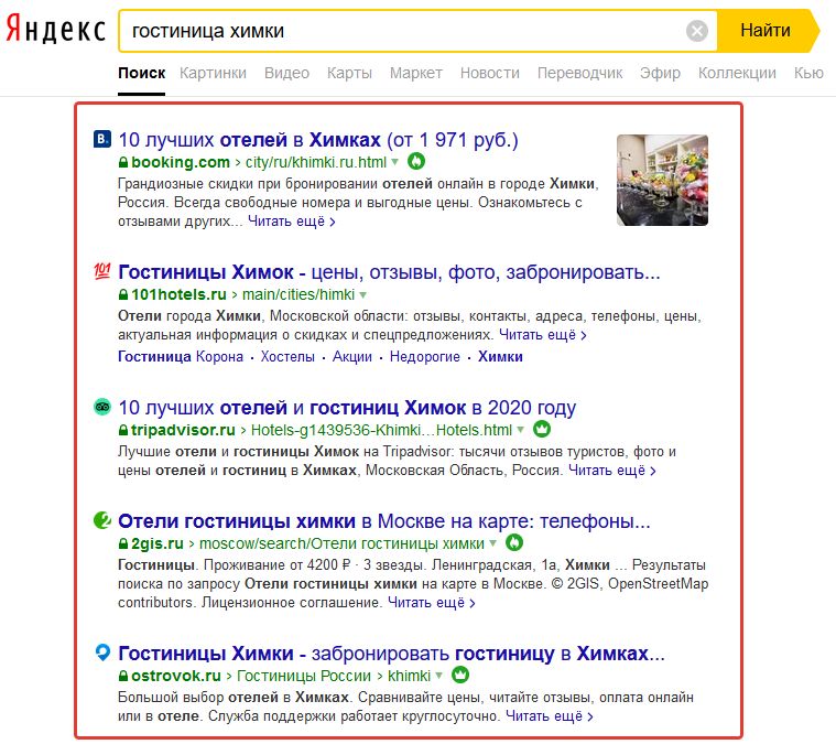 Гостиничные агрегаторы в ТОП-10 Яндекса
