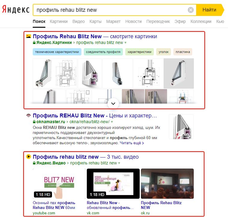 Пример поисковой выдачи с Яндекс Картинками и Яндекс Видео