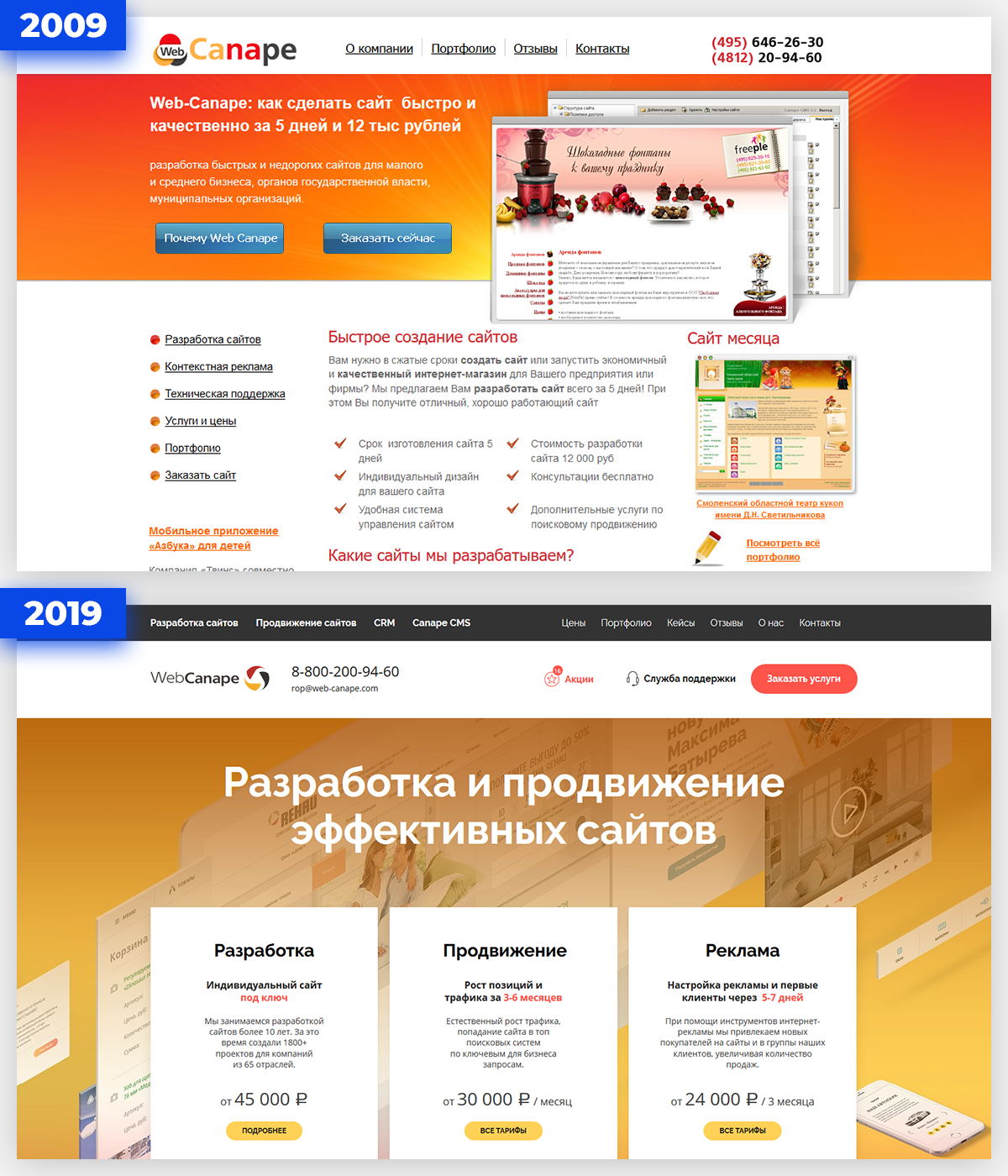 Главная страница сайта в 2009 и в 2019 году