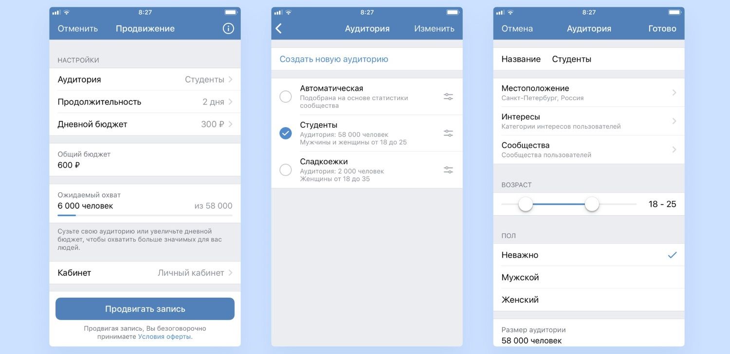 Интерфейс настройки продвижения с мобильного ВКонтакте