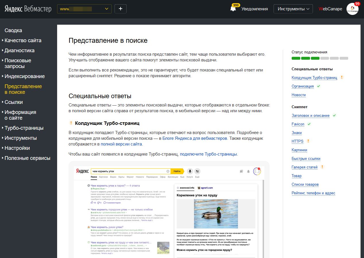 Вкладка «Представление сайта в поиске» в сервисе Яндекс Вебмастер